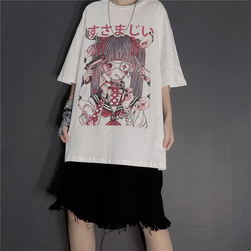 Summer Goth Female Tee Aesthetic Loose Women T-shirt Punk Dark Grunge Streetwear Ladies gothic Top T-shirts Harajuku Clothes y2k