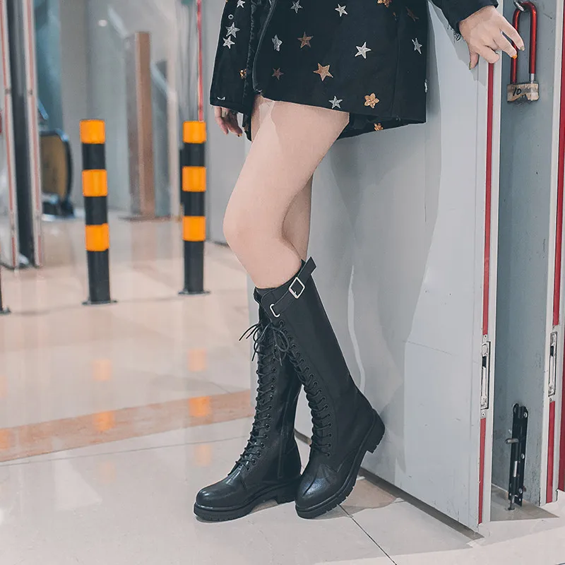 Сапоги до колена на шнуровке женские осенние модные черные сапоги из мягкой кожи на квадратном каблуке осенние высокие сапоги из мягкой кожи в стиле панк