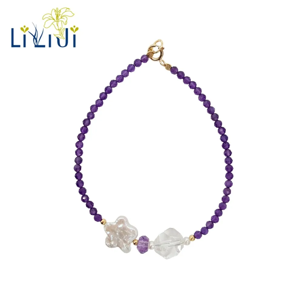 

Lily Jewelry Real Amethysts Bracelet Freshwater Pearl Clear Quartzs 925 Sterling Silver Gold Color Bracelet