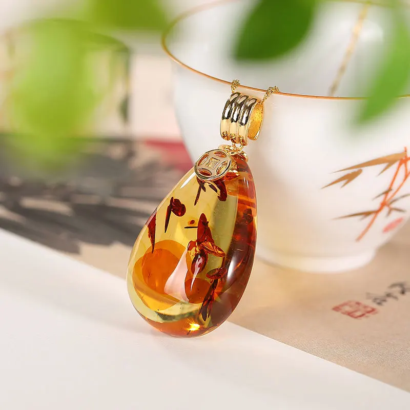 Gold Plated Amber Resin and Gemstone Pendant 