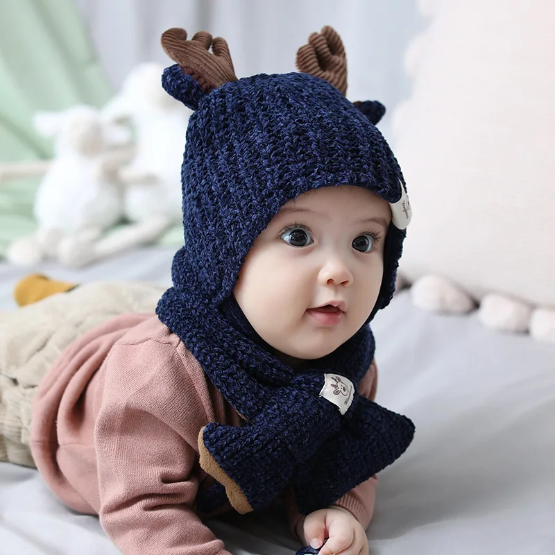Вязаный детский набор из шапки и шарфа теплая мягкая Милая шляпа оленьи рога осень зима рождественские подарки
