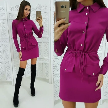 

Women Casual Sashes Straight Dress Ladies Long Sleeve Turn Down Collar Office Work Slim Fashion Elegant Dress Vintage 2019 New