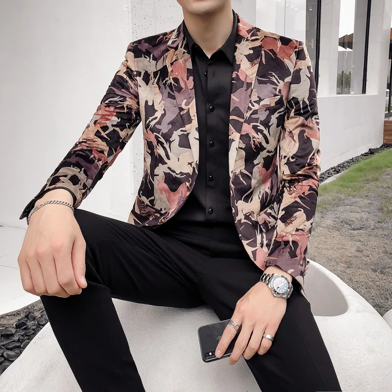 2019 принт человек блейзер Hombre Человек пиджак Slim Fit деловой повседневный модная