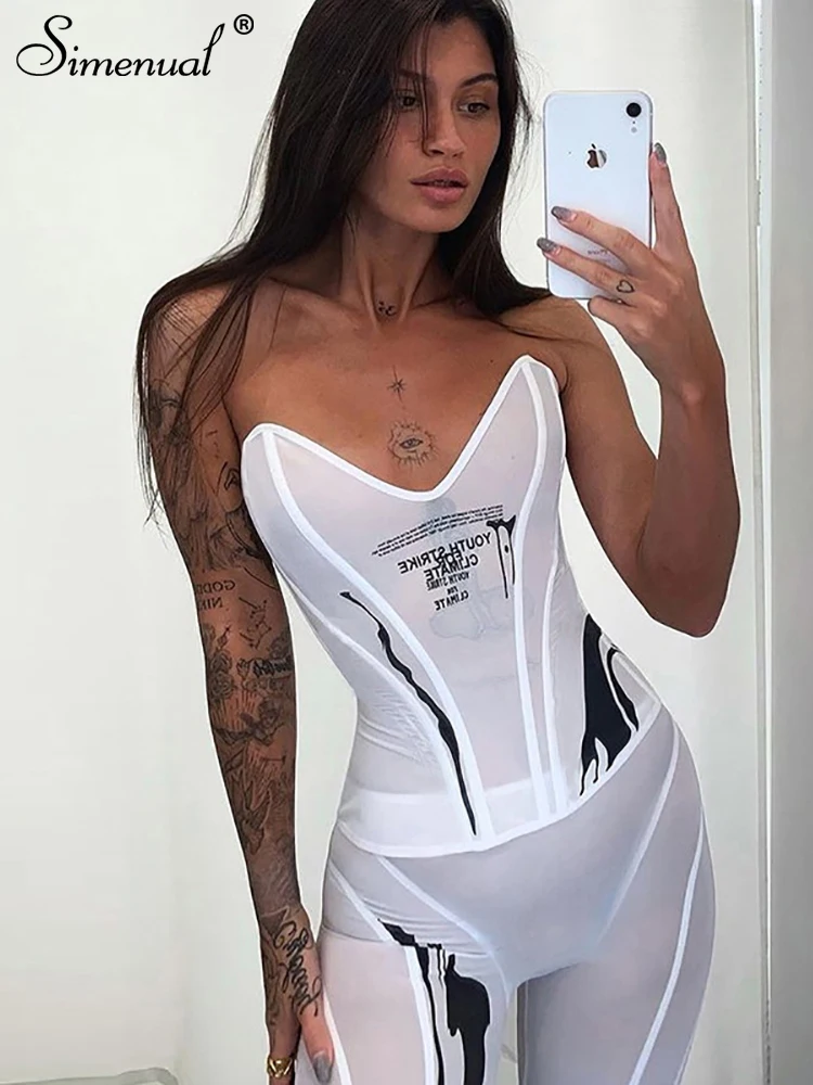 Simenual Letter Print Corset Top And Biker Shorts Co-ord Sets Mesh See Through Streetwear Strapless Two Piece Outfits Sportswear matching tracksuit set