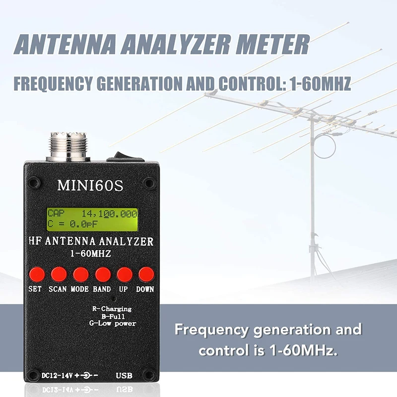 Mini60S 1-60MHz HF ANT SWR Antenna Analyzer Meter with BT Android APP PC Software for Ham Radio Hobbists afbeelding