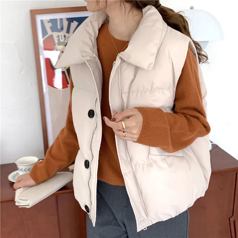 Beige Женское корейское черное теплое осенне-зимнее пальто без рукавов, повседневный свободный Толстый жилет, верхняя одежда для девушек, хлопковый жилет на молнии - Цвет: Beige