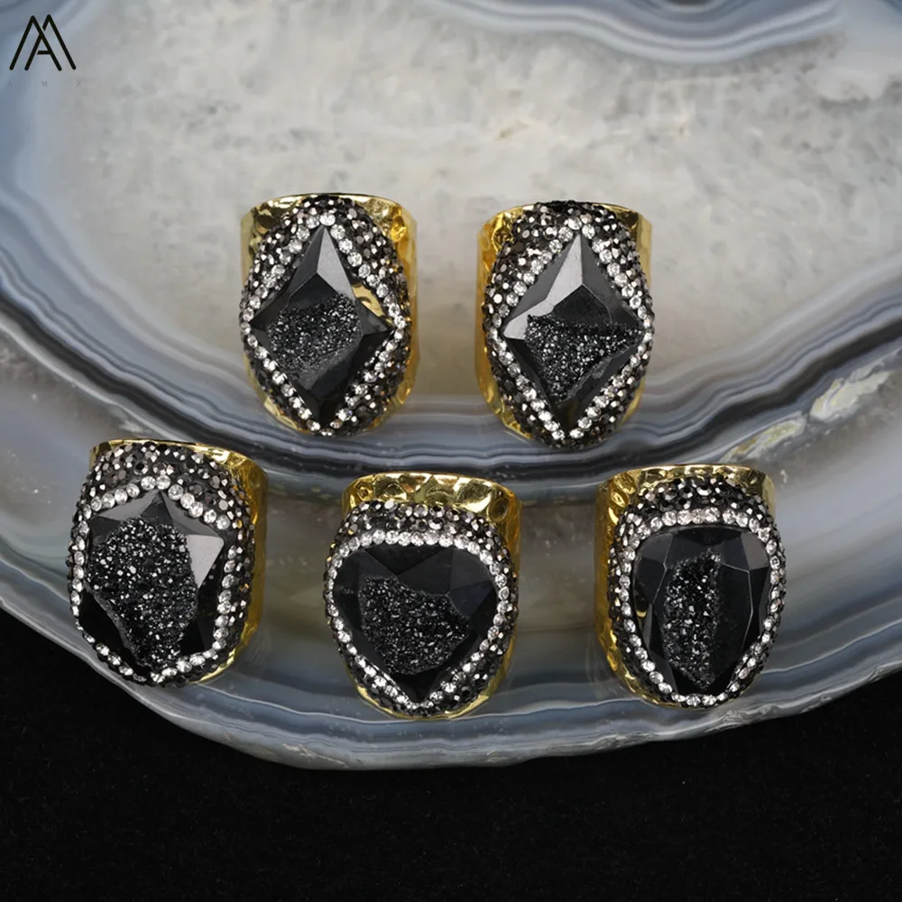 

5PCS Plated Black Heart Shape Druzy Agates Paved Rhinestone Men Rings,Trendy Druzy Stone Gold Copper Enagement Rings HS-20AMAI