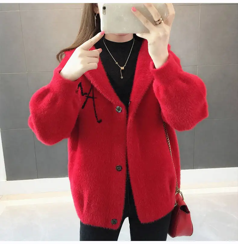 Women Mink Fur Jacket Autumn Winter Women Coat Loose Embroidered Thick Velvet Hooded Sweater Female Cardigan