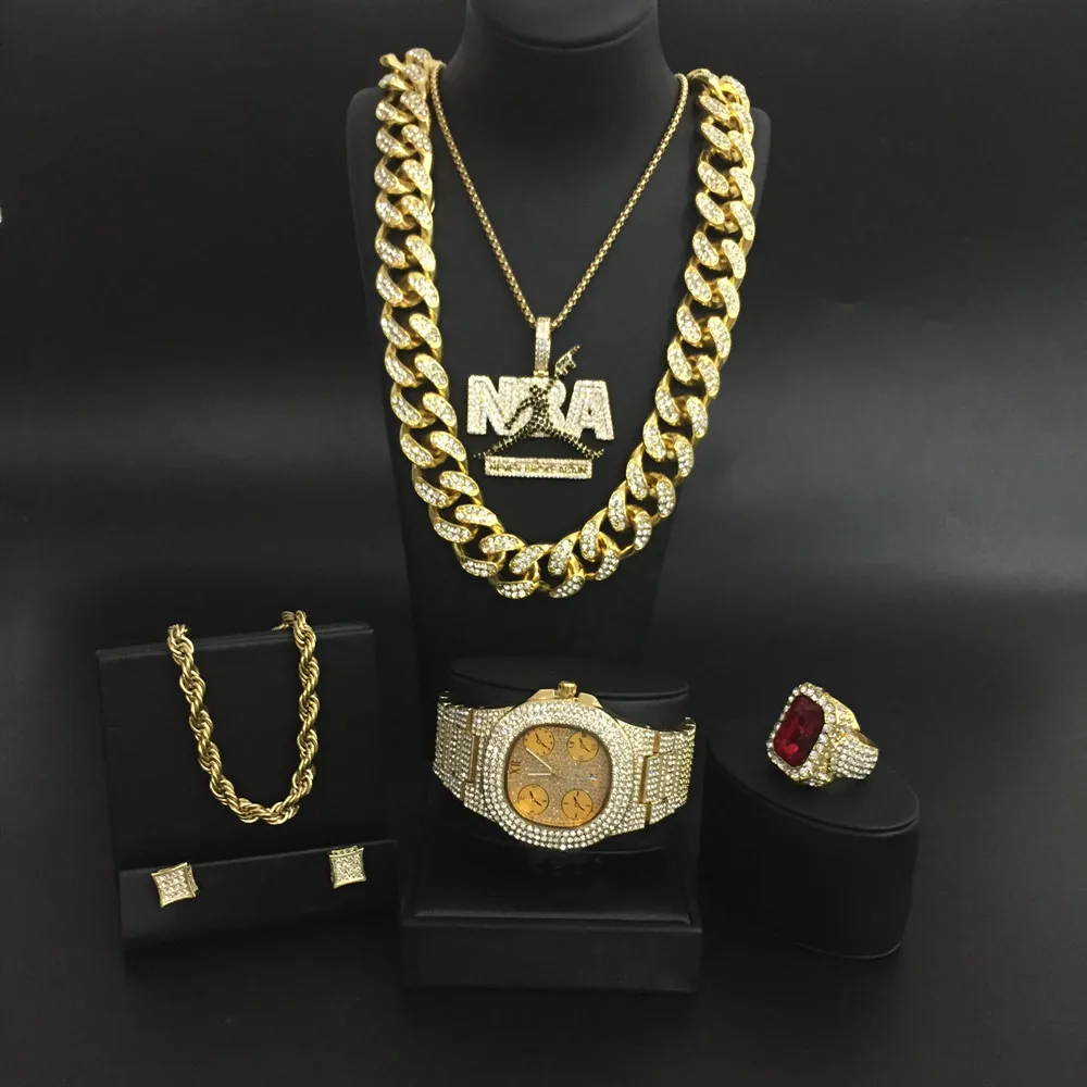 Роскошные мужские часы, часы в стиле хип-хоп, ожерелье, кулон, браслет, кольцо и серьги, набор ювелирных изделий с кулоном в Кубинском стиле для мужчин