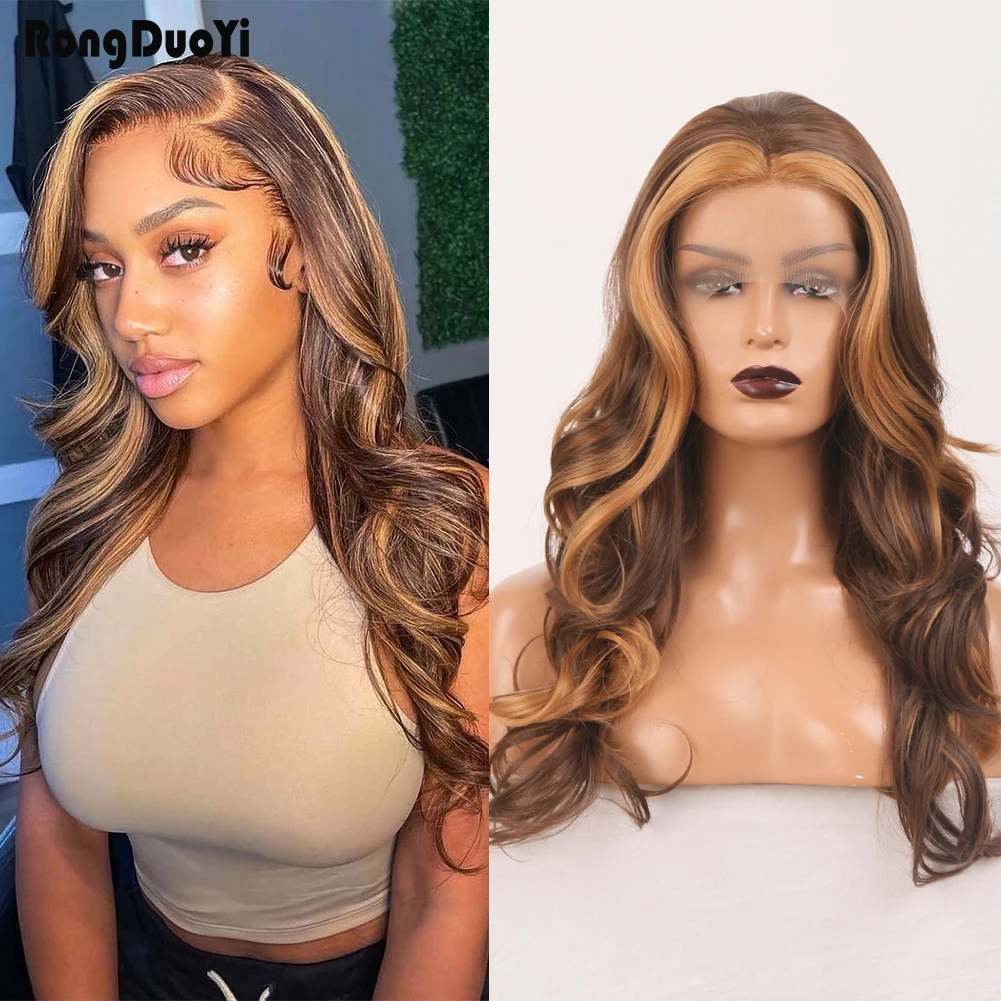 Body Wave Lace Wig Synthetic Wigs for Women Long Hair Highlight Front High Temperature Fiber Cosplay Middle Part | Шиньоны и парики