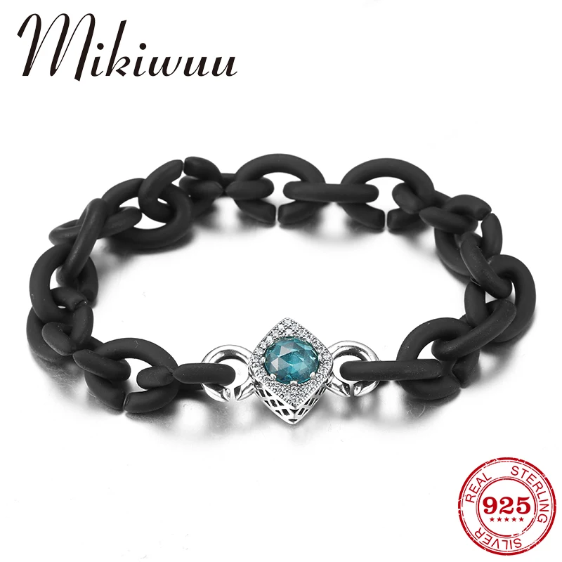 

Luxury Rhinestone Lake Blue Zircon Bead Bracelet High Quality Rubber X Charm Bracelet Bangle for Women Men Fine Jewelry Gift