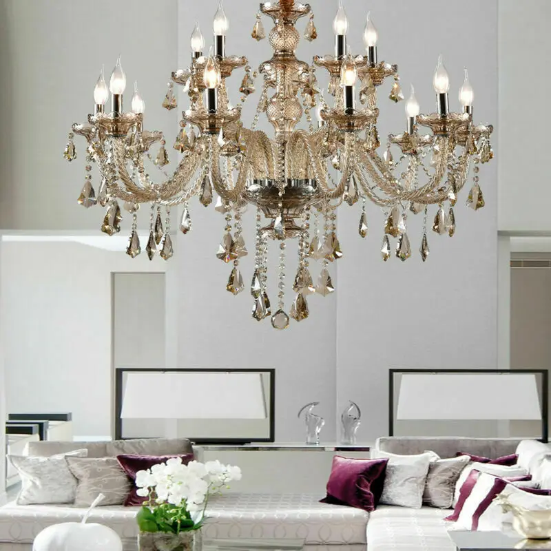 

Honhill 15 Arm Large Chandelier Crystal Light K9 Cut Glass Ceiling Light Cognac Color E14 220V