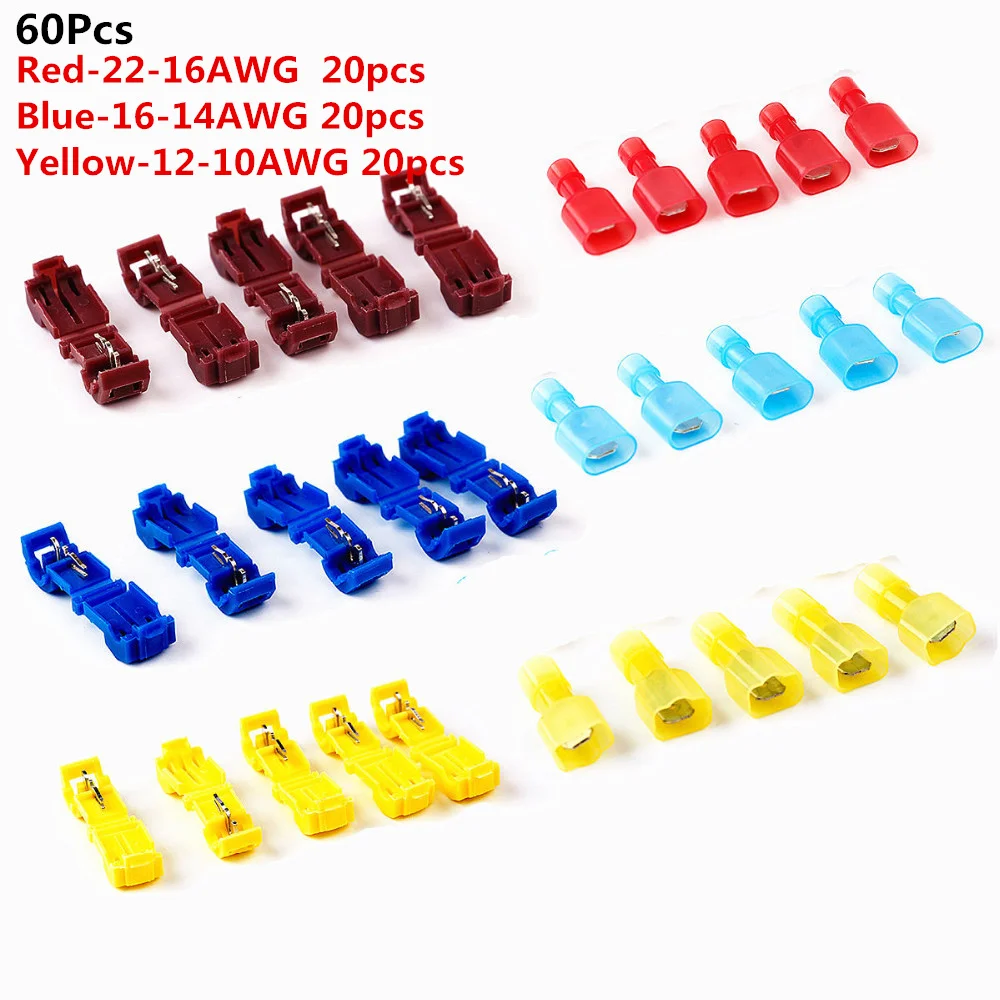 60Pcs 30/60/80 шт. Scotch Lock быстрый зажим для клемм комбо T-Tap/мужской красные, синие желтые изолированный провод Разъемы 22-10 AWG - Цвет: 60Pcs