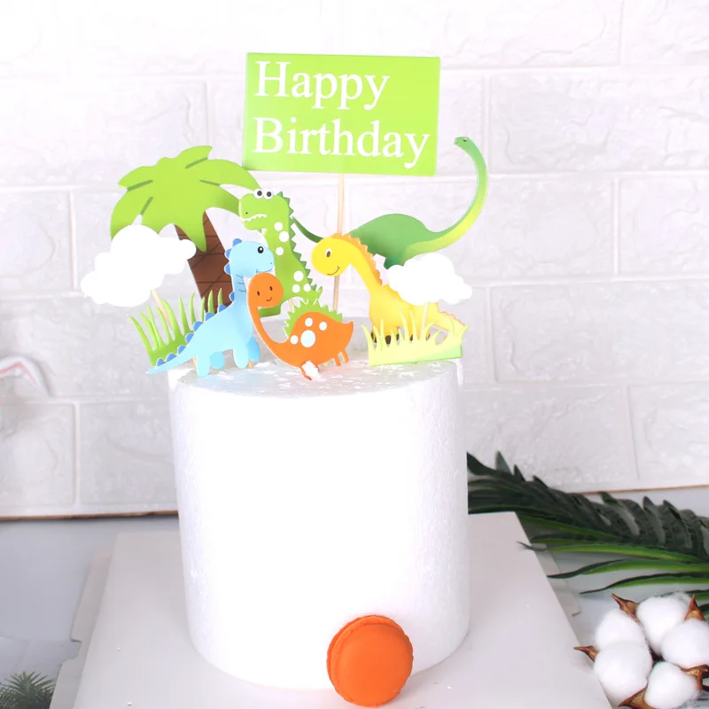 Маленький динозавр торт Топпер кокосовой пальмы украшение для торта «С Днем Рождения» зеленая трава дети партии поставки торт аксессуары