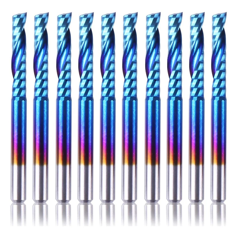 

10Pcs Nano Blue Coat Flat Nose End Mill CNC Router Bits, 1/8 Inch Shank Spiral Upcut Single 1 Flute End Mill Set(3.175 X 17 X 38