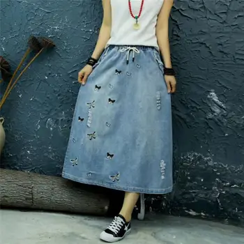 

Denim Skirt Spring and Autumn New Women's Embroidered Flower Long Skirt Retro A Line Umbrella Skirt Large Size Mujer Faldas K252