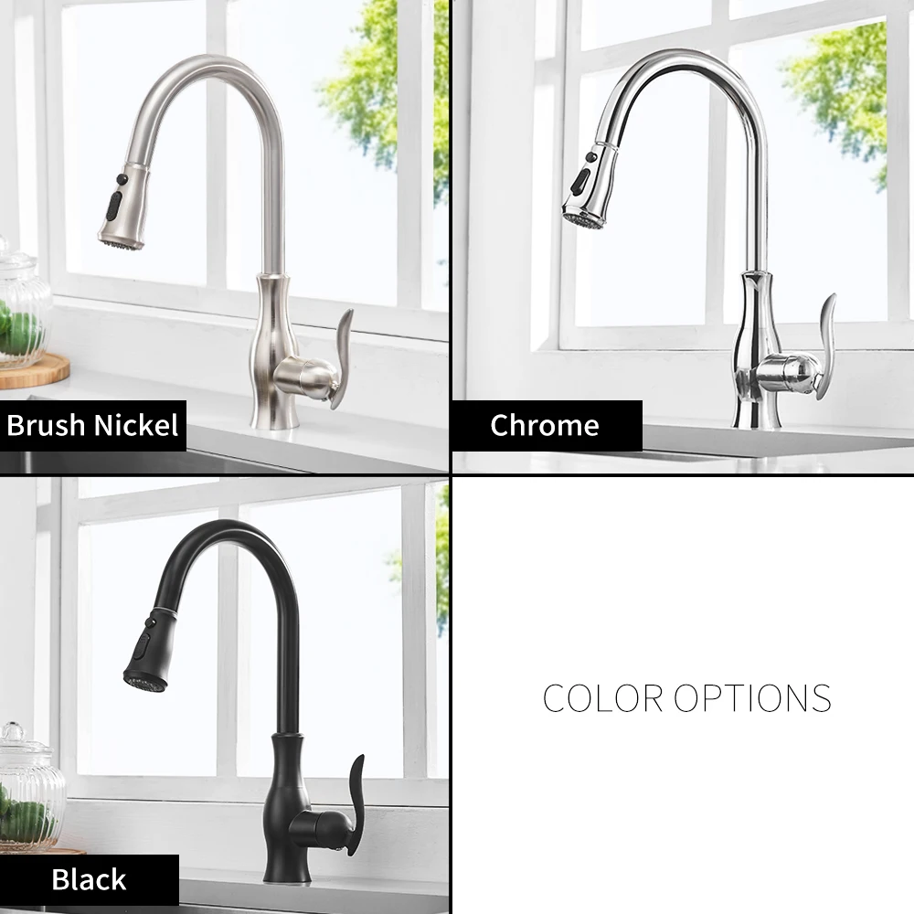 Выдвижной кухонный кран, латунный смеситель, раковина, Черный кран с выдвижным распылителем, одна ручка, Высокая дуга, хромированный кухонный кран