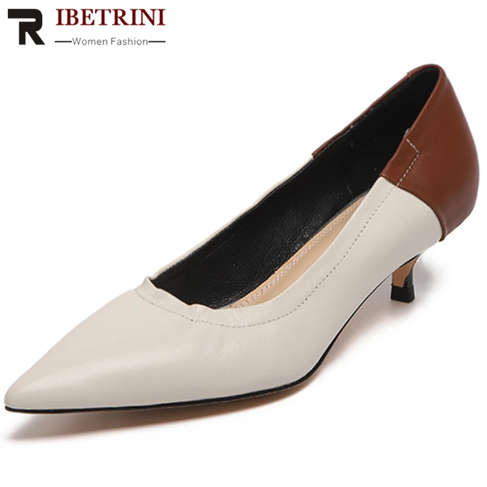 

RIBETRINI Female Spring Comfort Genuine Leather Shoes Woman Elegant mixed-color Pointed Toe Pumps Women Low Heels Shallow Pumps