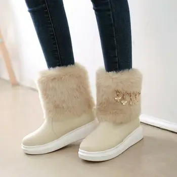 

Fashion Womens Big Fur Ankle Boots Metal Decor Pull On Winter Casual Party Shoes