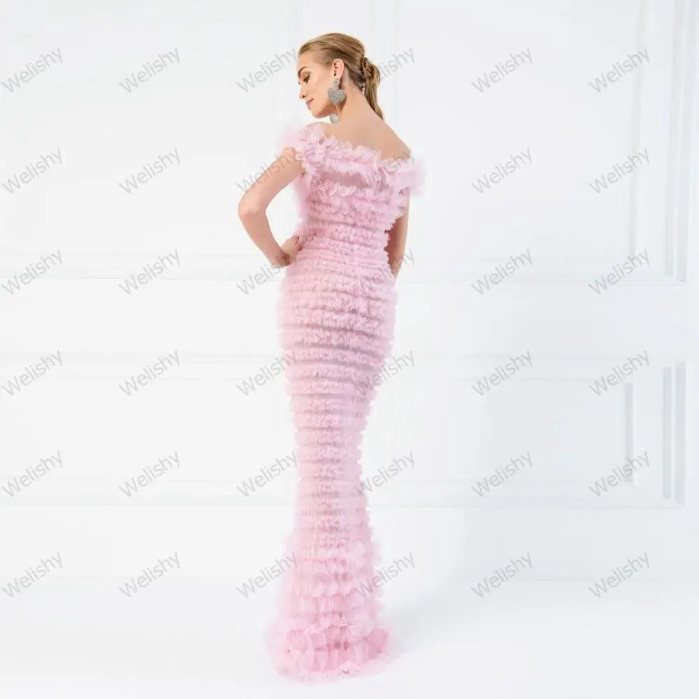 New Arrival Pink Full Pleated Tulle Dresses Women Mermaid Off The Shoulder Prom Grown Elegant  Long Dress For Party Custom Made