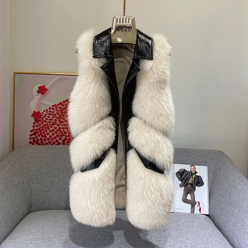 Real Fox Fur Vest Leather Patchwork Winter Clothes Women High Quality Elegant Rare Lake Blue Sleeveless Fluffy Gilet Plus Size