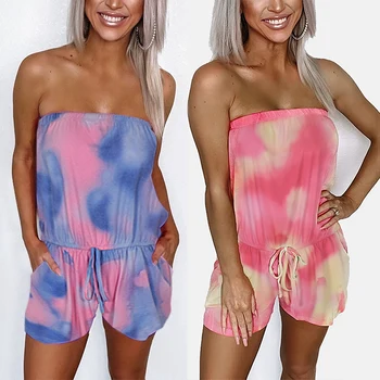 

Women Off Shoulder Tie Dye Summer Casual Jumpsuit Sexy Streetwear Set with Belt