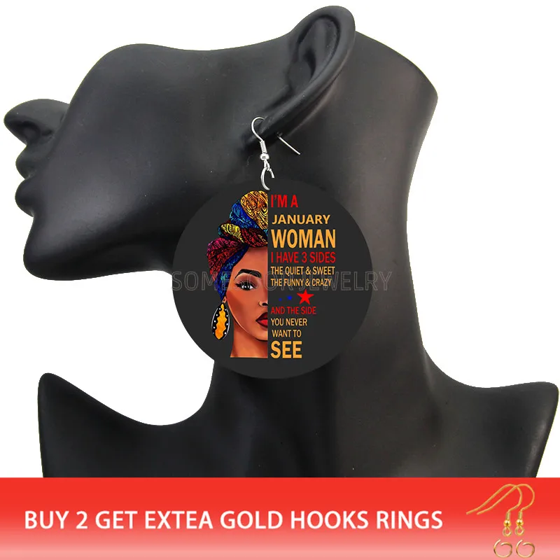 Afro Headwrap Woman Large Round Wooden Earrings