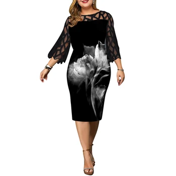 

L-6XL Plus Size Dress Ladies Casual Lace 3/4 Sleeve Openwork Elegant Dresses Women 2020 Spring New Rose Print Black Dress D30