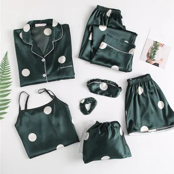 

Autumn 7 Pieces Women's Pajamas Sets Printed Emulation Silk Satin Pyjama Female Sleepwear Set 2020 Summer Autumn Homewear Suit