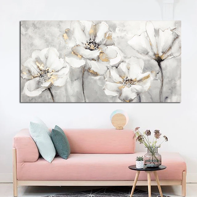 Painting of White and Golden Flowers Printed on Canvas 2