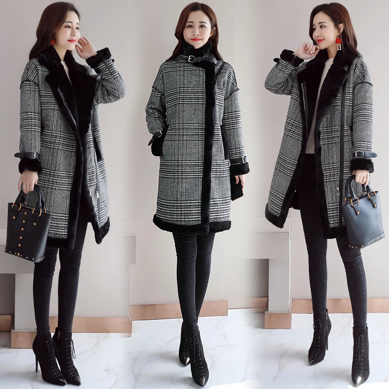 1 Winter thickening plus velvet mid-length woolen coat new Korean version of popular lamb lamb plaid woolen coat - Цвет: 1