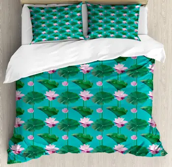 

Blue and Pink Duvet Cover Set Graphic of Lotus Flowers and Leaves 3 Piece Bedding Set Sea Blue Baby Pink Magenta and Forest