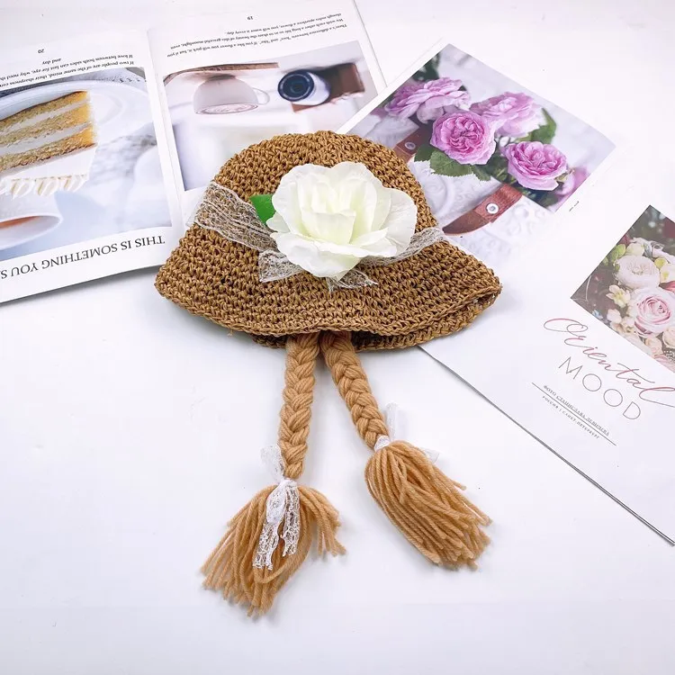 Spring Summer Baby Kids Girl Sun Block Hat Beach Hair Pigtail Braid Wig Cap Children Girls Flower Straw Hat Cap New Arrivals