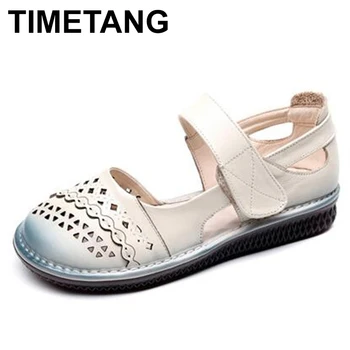 

TIMETANG New summer round head hollow breathable genuine leather sandals women flat sandals comfortable mother sandals fashion