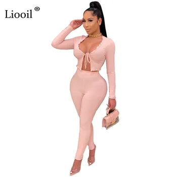 

Liooil Plain Two Piece Knit Sets Sexy Cardigan Tops And Pants Fall 2020 Winter Long Sleeve Drawstring Women Bodycon Outfits Sets