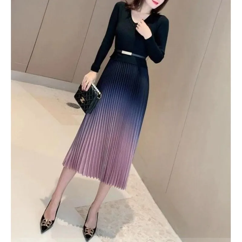 Женское платье с длинным рукавом трикотажное лоскутное v образным вырезом