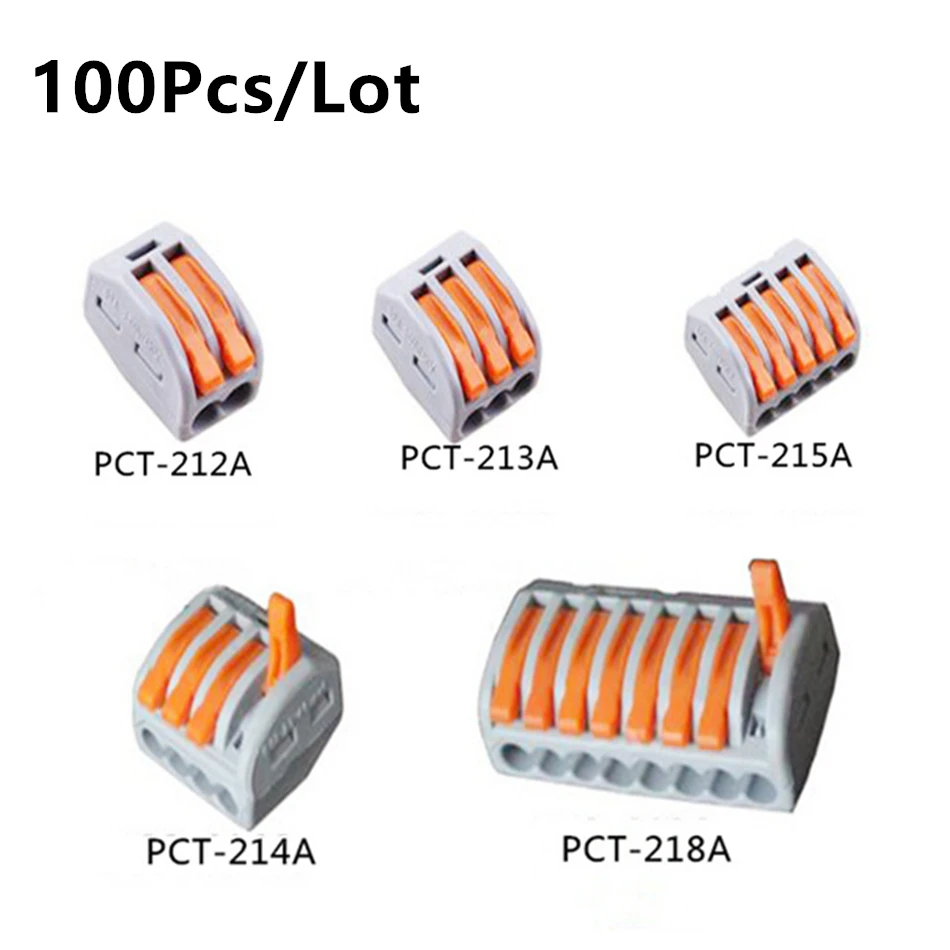 

100pcs/lot PCT-212A 213A 214A 215A 218A Universal Compact Wire Wiring Connector Conductor Terminal Block Lever 0.08-2.5mm²