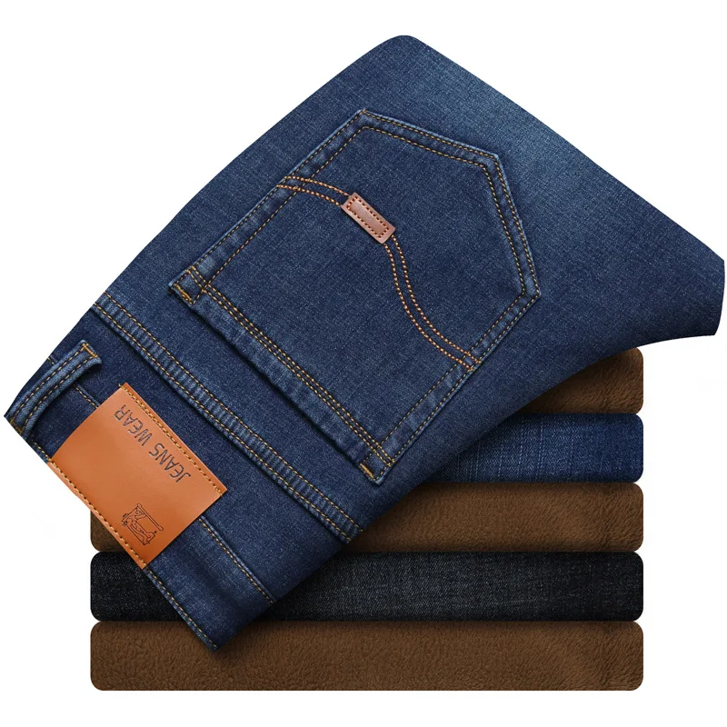 TANGYAXUAN Новые мужские теплые джинсы высокого качества Известные бренды осенние зимние джинсы утепленные флисовые мужские джинсы длинные брюки 28-40 - Цвет: Синий