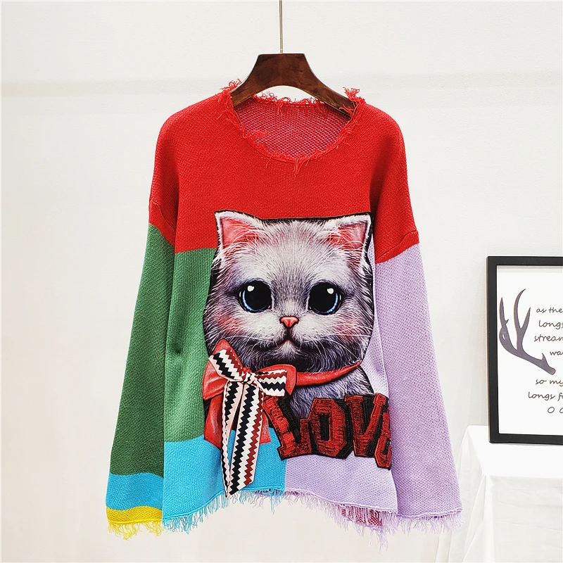 Autumn Jumper Women Streetwear Sweater Loose Pull New Cartoon Sequins Letter Bat Sleeve Befree Colour Knitted Sweaters Jacket