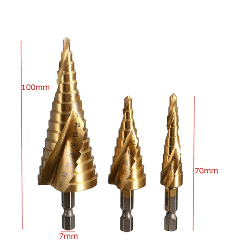 Broca escalonada de titanio y acero HSS de varios tamaños, 4-12/4-20/4-32mm, herramientas de corte de cono escalonado, acero, carpintería, madera, Metal, perforación