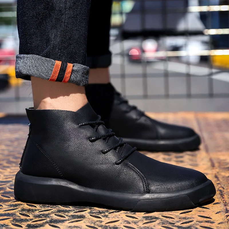 

Worker Boot Men's Hight-top Casual Leather Shoes Flat Cowhide Mid-top Martin Boots British Style Retro round-Toe Short Boots Fas