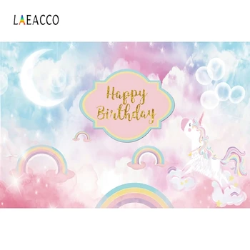 

Laeacco Cloudy Sky Rainbow Moon Bubbles Unicorn Photography Backdrops Baby Birthday Photo Backgrounds Newborn Photocall Props