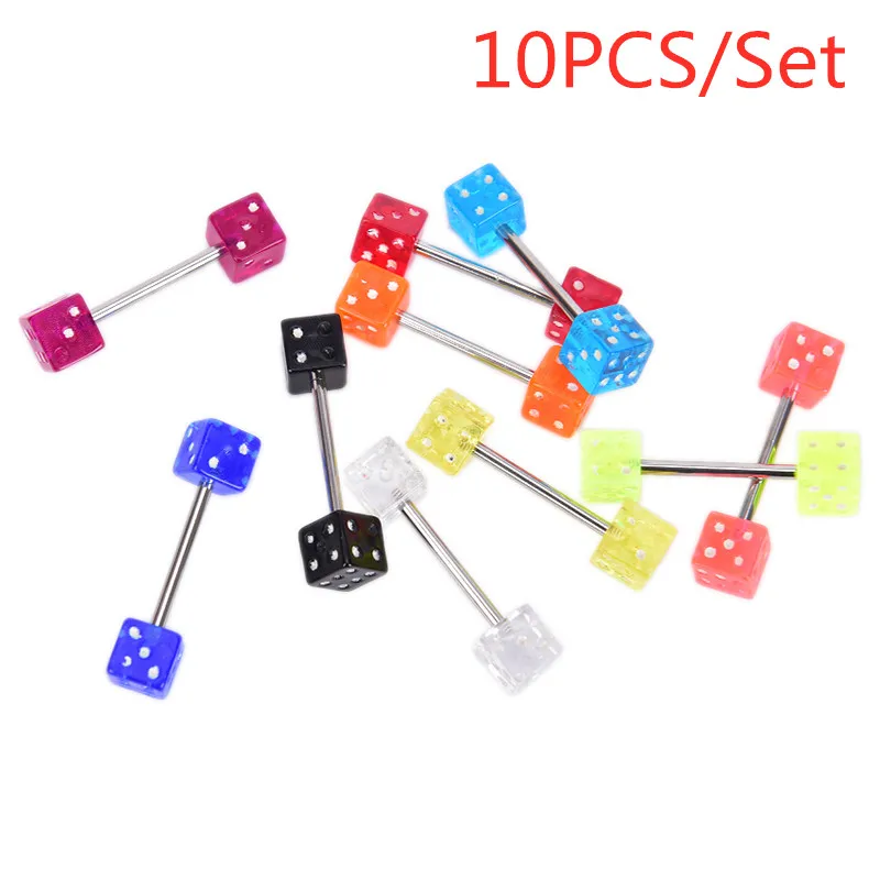 10Pcs Stainless Steel Mixed Dice Tongue Ring Barbell Studs Tongue Piercing Rings Fashion Punk Body Jewelry For Men And Women