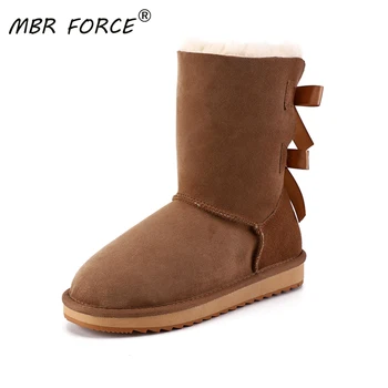 

MBR FORCE NEW Sheepskin Suede Leather Wool fur lined mid-calf Women Winter Snow Boots with Bow-knot Girls Casual Shearling Boots