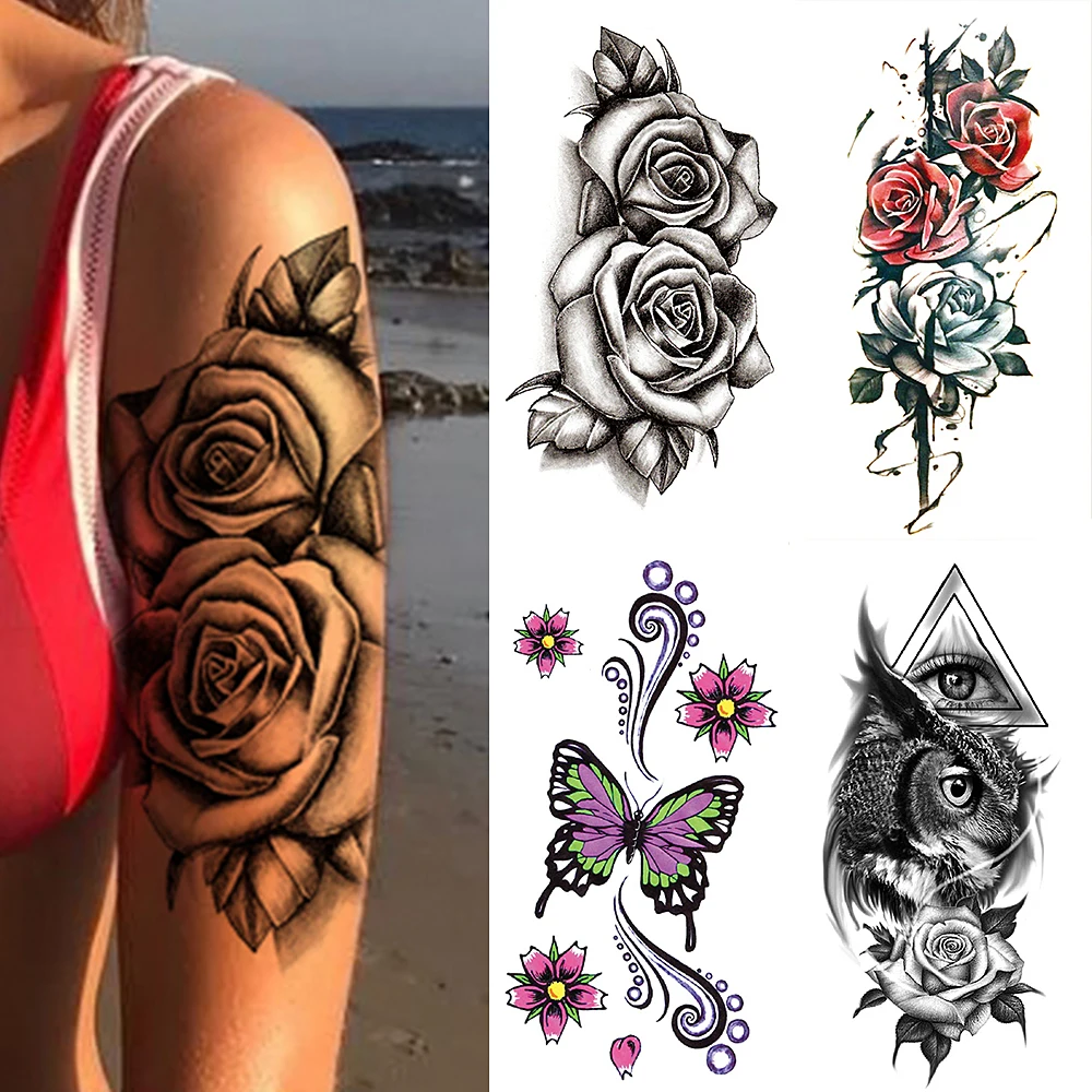 

Waterproof Temporary Tattoo Sticker 3D Lace Rose Flower Tattoos Line Lotus Body Art Arm Fake Sleeve Tatoo Women Men