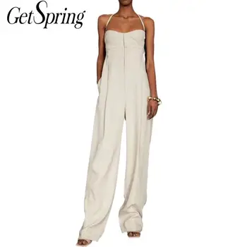 

GetSpring Women Jumpsuit Strapless Backless Long Rompers Womens Jumpsuit High Waist Wide Leg Woman Romper Autumn Winter 2020 New