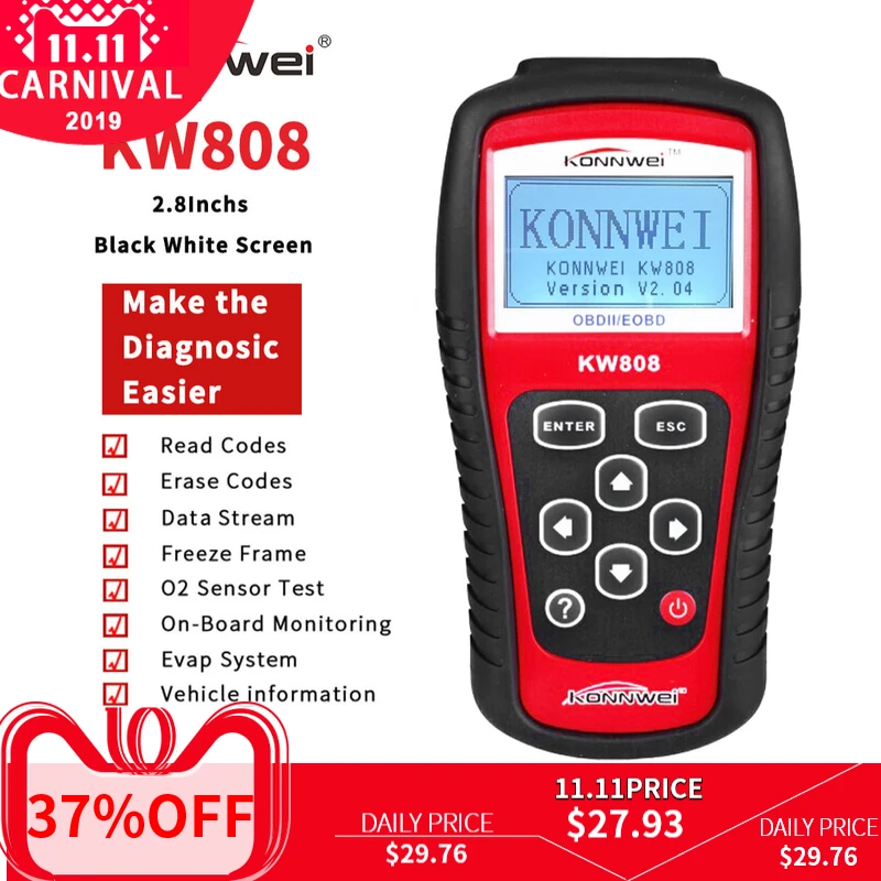 KONNWEI KW808 Профессиональный OBDII/EOBD автомобильный считыватель кодов и автоматический сканер автомобильный декодер обнаружения диагностический инструмент сканирования
