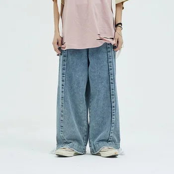 

Homens solto casual reta larga perna denim calça masculina oversize vintage moda streetwear hip hop calças de brim