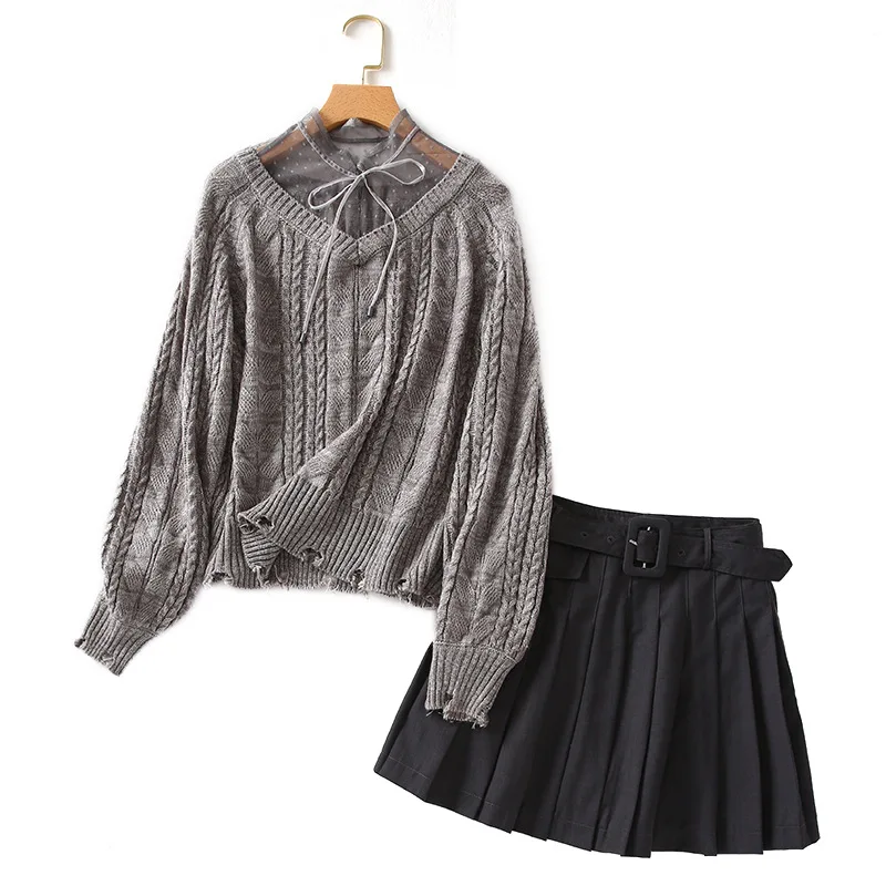 

One's Fashion Gauze Joint Lace-up Sweater A- line Pleated Half-length Short Skirt Two-Piece Set Entity