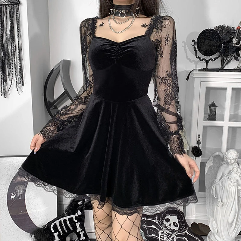 góticos Lolita para mujer, negro, Vintage, con cordones, de larga, Punk, gótico, terciopelo, para fiesta de Cosplay y Vestidos| - AliExpress